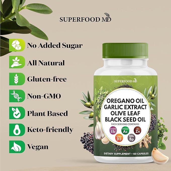 Oregano Oil 6000mg Garlic Extract 4000mg Olive Leaf 3000mg Black Seed Oil 3000mg Astragalus-Immune Support & Digestive Health Supplement for Women and Men- 180 Count