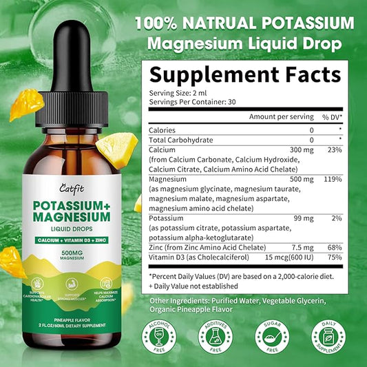 Potassium Magnesium Supplement,Magnesium Complex 500mg & 99mg Liquid D3 Zinc,Sugar Flavor,2 Fl