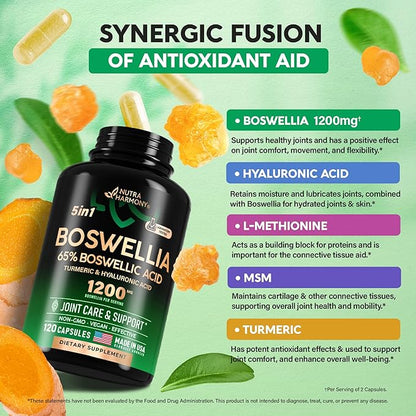 Boswellia 1200mg - Boswellia Extract | Turmeric | Hyaluronic Acid | MSM | Same - Joint Health & Comfort - Boswellia Serrata | 65% Boswellic Acid - for Men & Women - Made in USA - 120 Capsules