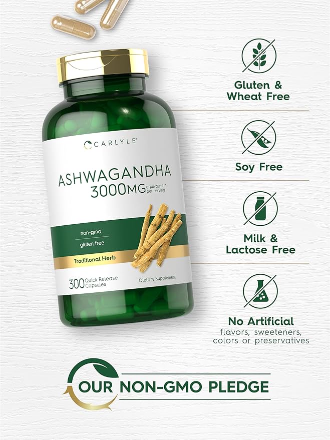 Carlyle Ashwagandha Supplement 3000mg | 300 Capsules | Root Extract for Women and Men | Non-GMO, Gluten Free