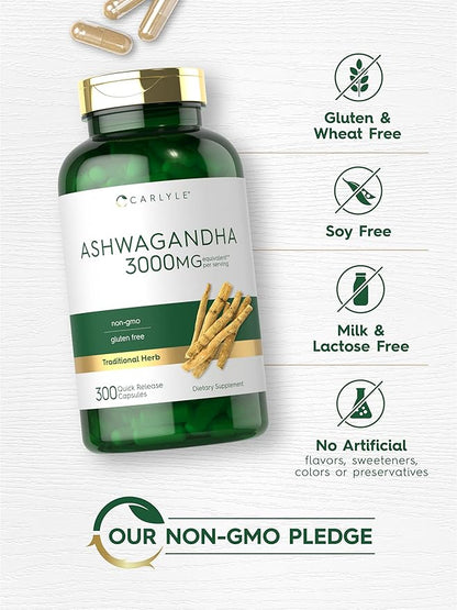 Carlyle Ashwagandha Supplement 3000mg | 300 Capsules | Root Extract for Women and Men | Non-GMO, Gluten Free