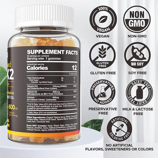 Vitamin D3 5000iu & K2( as MK7 ) 200mcg Gummies 600mg Calcium, D3 K2 K2 Supplement 60 Count