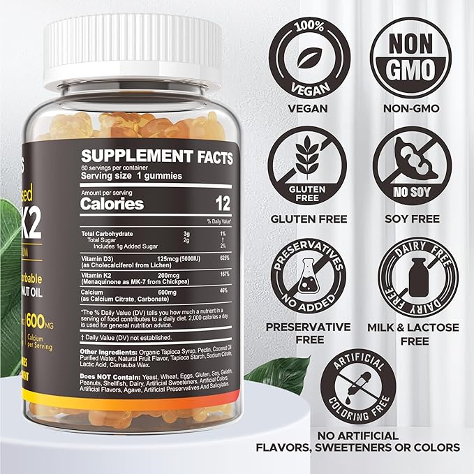 Vitamin D3 5000iu & K2( as MK7 ) 200mcg Gummies 600mg Calcium, D3 K2 K2 Supplement 2Packs