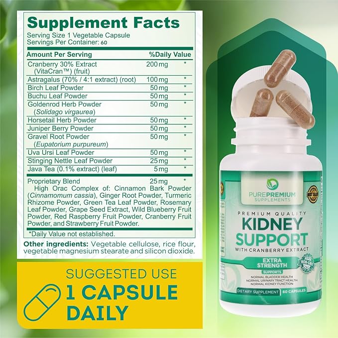 PurePremium Supplements - Kidney Support with Cranberry Extract & Astragalus - Kidney Cleanse Detox & Repair - Kidney Health Supplement for Urinary Tract, Bladder, Kidney Detox - 60 Cranberry Pills