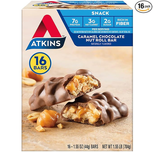 Atkins Caramel Chocolate Nut Roll Snack Bar, Protein Snack, High in Fiber, 2g Sugar, 16 Count