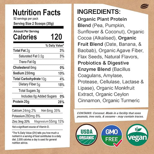 EarthChimp Organic Vegan Protein Powder 52 Servings, 64 Oz
