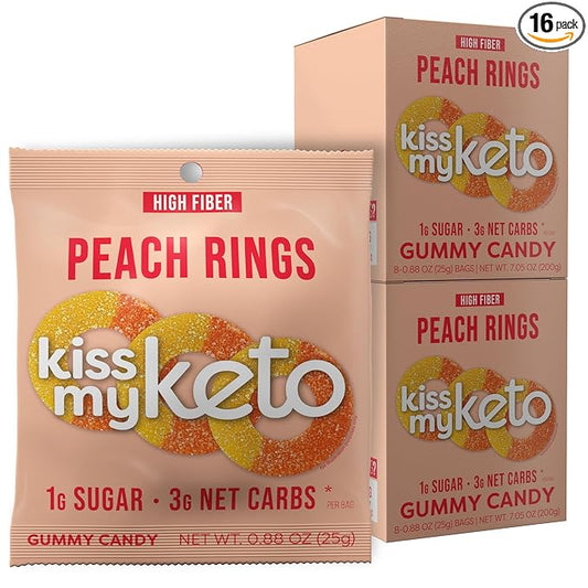 Kiss My Keto Gummy Peach Rings Candy – 1g Sugar, Low Carb, High Fiber, non-GMO Peach Ring Candy – Healthy Peach Gummy Rings, Bag of Peach Rings – Peach Rings Candy Bulk Peach Rings Bulk (16-Pack)