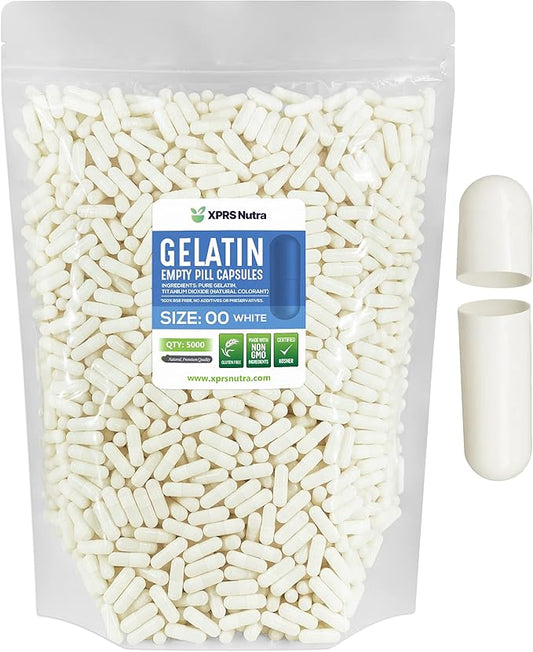 XPRS Nutra Size 00 Empty Capsules - 5000 Count Empty Gelatin Capsules - Empty Pill Capsules - DIY Capsule Filling - Fillable Pill Capsules Empty Gel Caps (White)