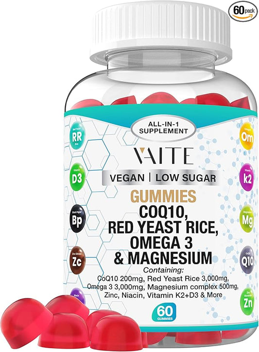 CoQ10 200mg Gummies with Red Yeast Rice & Magnesium Glycinate – Omega-3, Zinc, and Vitamin K2+D3 for Overall Health – Supplements for Adults – 60 Chewable Gummies