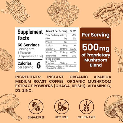Immunity Mushroom Coffee Organic (60 Servings) Mental Focus Plus Wellness Boost for Immune System Support - Chaga, Reishi & Vitamins C, D3, and Zinc, Mixed with Gourmet 100% Arabica Instant Coffee