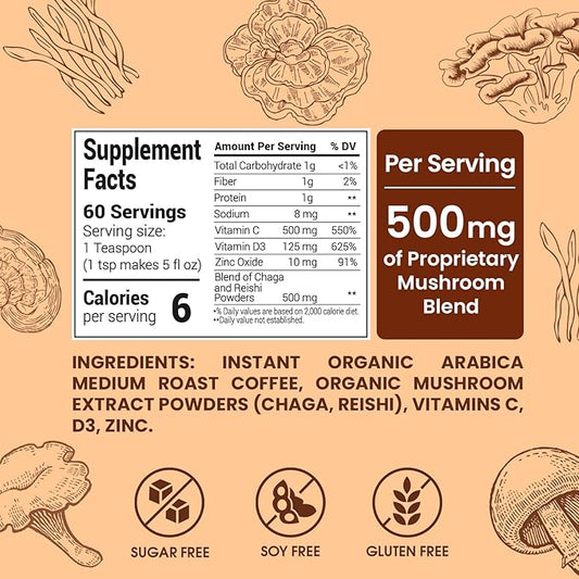 Immunity Mushroom Coffee Organic (60 Servings) Mental Focus Plus Wellness Boost for Immune System Support - Chaga, Reishi & Vitamins C, D3, and Zinc, Mixed with Gourmet 100% Arabica Instant Coffee