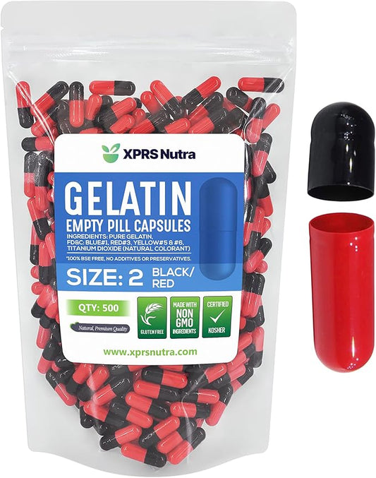XPRS Nutra Size 2 Empty Capsules - 500 Count Empty Gelatin Capsules - Empty Pill Capsules - DIY Capsule Filling - Pure Bovine Pill Capsules Empty Gel Caps (Black/Red)