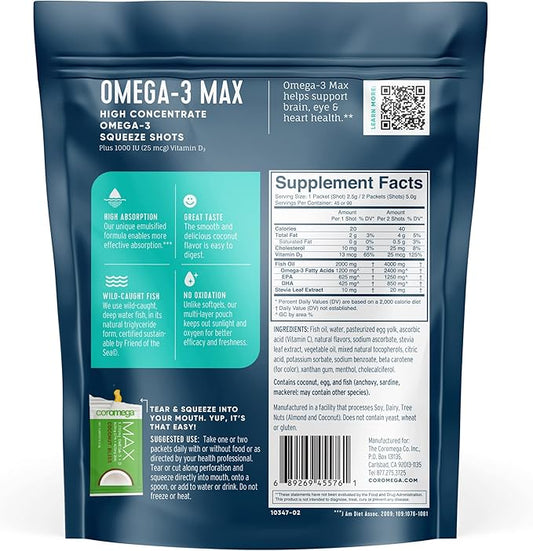 Coromega MAX High Concentrate Omega 3 2400mg Omega-3s Omega-3s with 3X Better 60 Single
