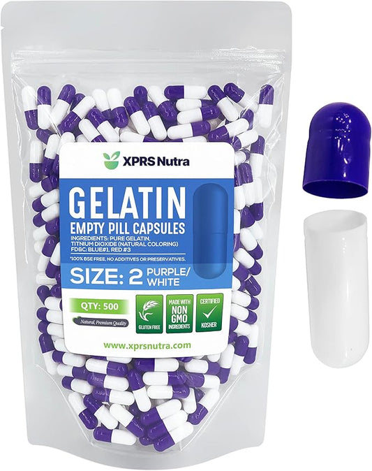 XPRS Nutra Size 2 Empty Capsules - 500 Count Empty Gelatin Capsules - Empty Pill Capsules - DIY Capsule Filling - Pure Bovine Pill Capsules Empty Gel Caps (Purple/White)