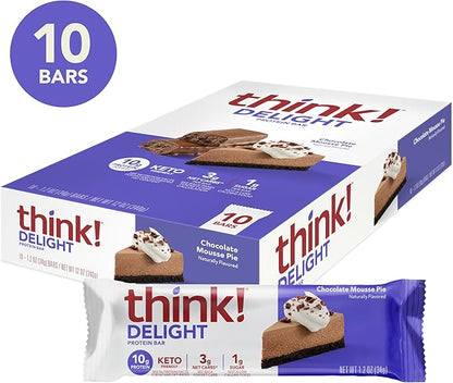 think! Delight, Keto Protein Bars, Healthy Low Carb, Gluten Free Snack - Chocolate Mousse Pie, 10 Count (Packaging May Vary) (Pack of 2)