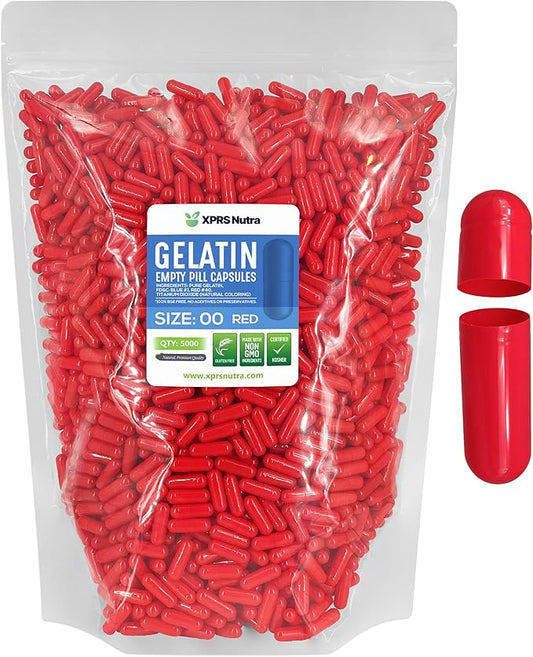 XPRS Nutra Size 00 Empty Capsules - 5000 Count Empty Gelatin Capsules - Empty Pill Capsules - DIY Capsule Filling - Fillable Pill Capsules Empty Gel Caps (Red)