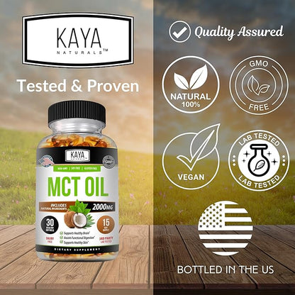 Kaya Naturals MCT Oil 2000mg - Non-GMO, Soy-Free, Gluten-Free - Brain, Digestive & Skin Health - 30 Softgels
