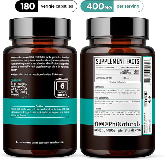 Magnesium Citrate Powder Capsules 400mg – [180 Count]