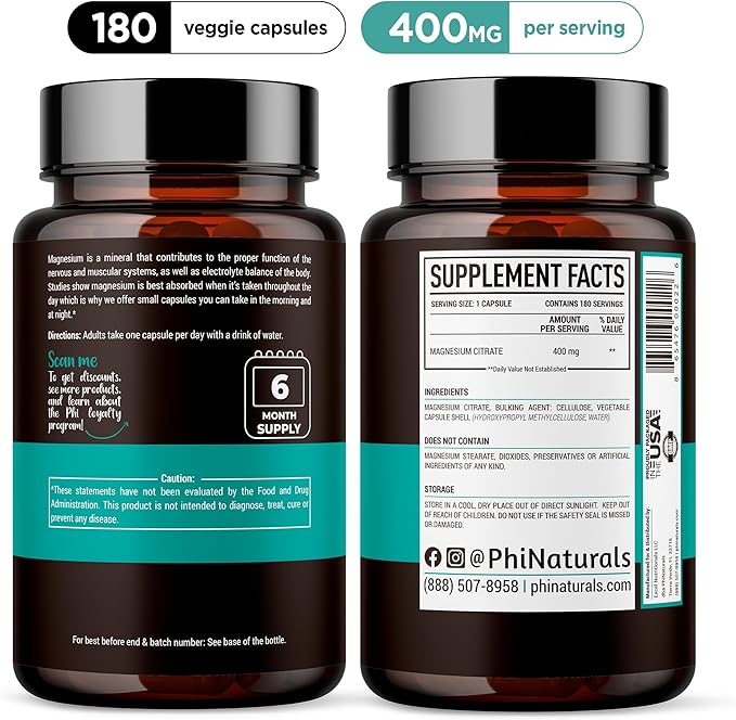 Magnesium Citrate Powder Capsules 400mg – [180 Count]