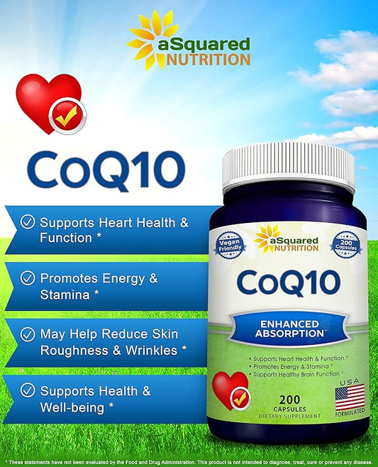 aSquared Nutrition CoQ10 (400mg Max Strength, 200 Capsules) Q10 Powder Q-10 Enzyme 10 400 400 mg