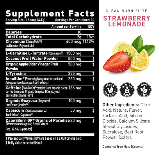 Kaged Thermogenic Powder Clean Burn Elite | Strawberry Lemonade | Men & Women | Weight Management Supplement | Organic Caffeine & Apple Cider Vinegar | 30 Servings