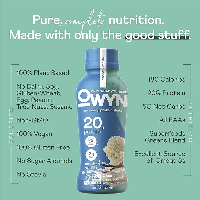 OWYN Only What You Need Plant Based Protein Shake, 20g Vegan Protein from Organic Pumpkin Seed, Flax, Pea Blend, Prebiotic Supplement, Superfood Greens, Gluten & Soy-Free (Vanilla, 24 Pack)