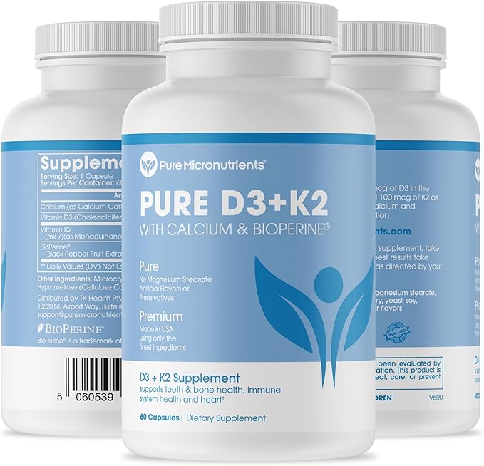 Pure Micronutrients Vitamin D3 K2 Supplement MK7 100mcg, 100mcg, D3 D3 5000 5000 iu, 60 capsules