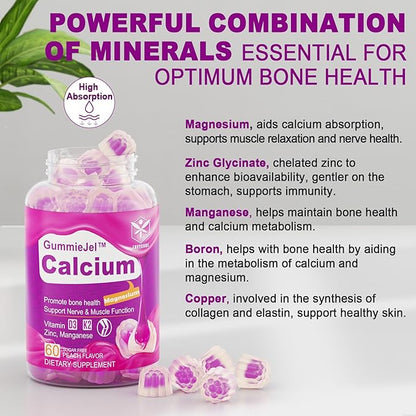 Sugar-Free Calcium Citrate Gummies 1000mg w/Vitamin D3 K2, K2, Magnesium, 60 Count
