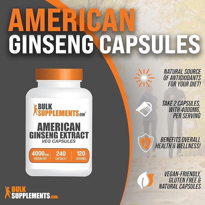 BulkSupplements.com American Ginseng Capsules 2 Capsules (4000mg Equivalent), 240 Veg 1)