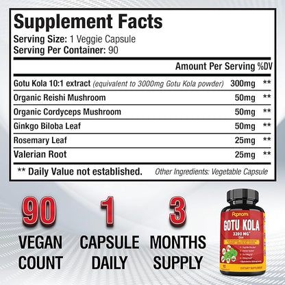 Organic Gotu Kola Extract Capsules 3200Mg with 90 Counts 3 Months