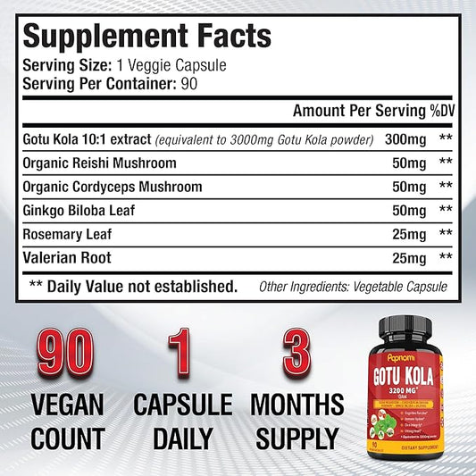 Organic Gotu Kola Extract Capsules 3200Mg with 90 Counts 3 Months