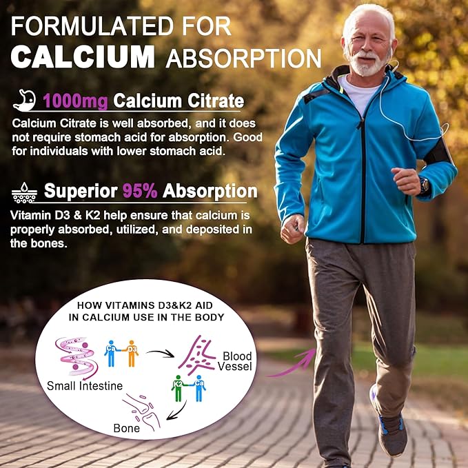 Sugar-Free Calcium Citrate Gummies 1000mg w/Vitamin D3 K2, K2, Magnesium, 60 Count