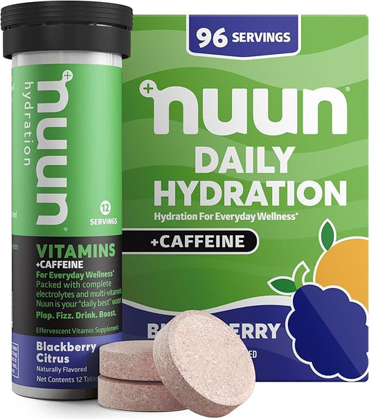 Nuun Hydration Vitamins Electrolyte Tablets + Caffeine, Blackberry Citrus, 5 Essential Electrolytes for Hydration + Vitamin A, B6, C, D, E, with Magnesium, Vegan, Non-GMO, 8 Tubes (96 Servings)