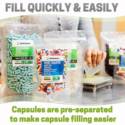XPRS Nutra Size 00 Separated Capsules - 1000 Count Gelatin Empty Capsules Separated in Bags - Empty Capsules- Separated Empty 00 Capsules- Pill Capsules Empty for DIY Supplement Filling (Blue/White)