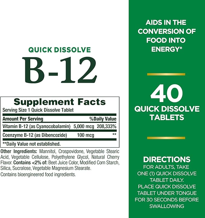 Nature's Bounty Vitamin B12, Quick Dissolve 5000mcg, 40 40 Tablets