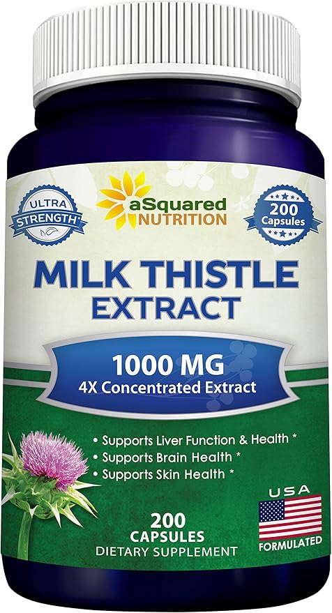 aSquared Nutrition Milk Thistle Supplement 1000mg-200 4X Concentrated 4:1 Milk 1000 mg
