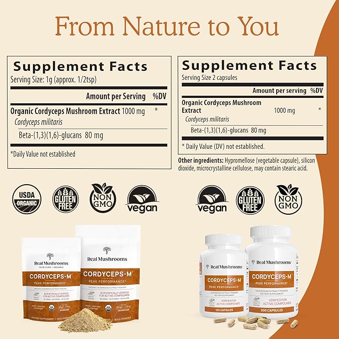 Real Mushrooms Cordyceps Capsules - Performance Mushroom Extract Supplement with Organic Cordyceps Militaris for Energy & Immune Support - Vegan Cordyceps Mushroom Supplement, Non-GMO, 300 Caps