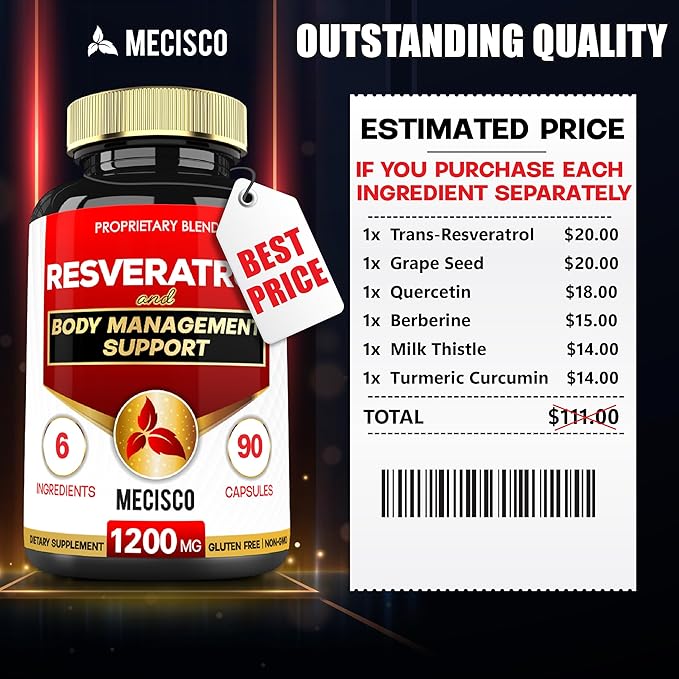 Trans Resveratrol Supplement with Grape Seed, 1000mg Organic 6 Herbal 90 Capsules