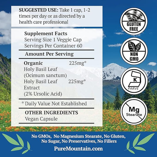 Pure Mountain Botanicals Holy Basil Capsules 450mg Organic