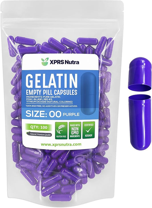 XPRS Nutra Size 00 Empty Capsules - 100 Count Empty Gelatin Capsules - Empty Pill Capsules - DIY Capsule Filling - Fillable Pill Capsules Empty Gel Caps (Purple)