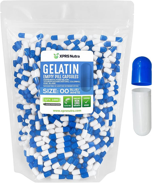 XPRS Nutra Size 00 Empty Capsules - 1000 Count Empty Gelatin Capsules - Empty Pill Capsules - DIY Capsule Filling - Fillable Pill Capsules Empty Gel Caps (Blue/White)