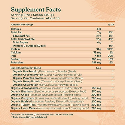 Four Sigmatic Organic Plant-Based Protein Powder Peanut Butter Protein with Lion’s Mane, Chaga, Cordyceps and More | Clean Vegan Protein Elevated for Brain Function and Immune Support | 21.16 oz