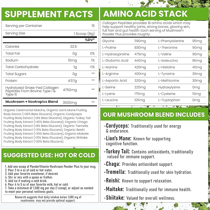 Organic Ceremonial Mushroom Matcha Certified Pesticide-Free Grass-Fed Collagen Types I & III, 8 Fruiting Body Mushrooms Tested for Beta-Glucans Focus Digestion & Immunity 15 Servings