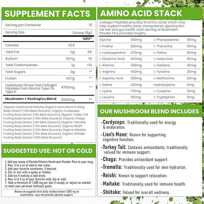 Organic Ceremonial Mushroom Matcha Certified Pesticide-Free Grass-Fed Collagen Types I & III, 8 Fruiting Body Mushrooms Tested for Beta-Glucans Focus Digestion & Immunity 15 Servings