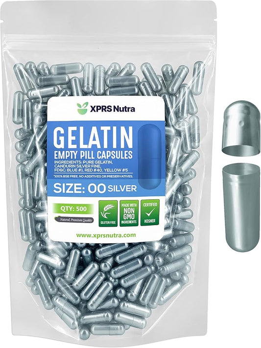 XPRS Nutra Size 00 Empty Capsules - 500 Count Empty Gelatin Capsules - Empty Pill Capsules - DIY Capsule Filling - Fillable Pill Capsules Empty Gel Caps (Silver)