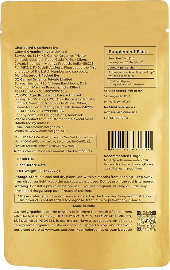 CARMEL ORGANICS Organic Ashwagandha Root Powder (8 Oz 227g/0.5 Lbs)