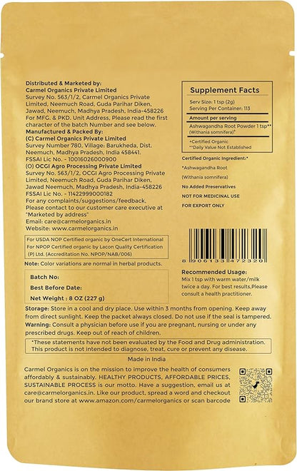 CARMEL ORGANICS Organic Ashwagandha Root Powder (8 Oz 227g/0.5 Lbs)