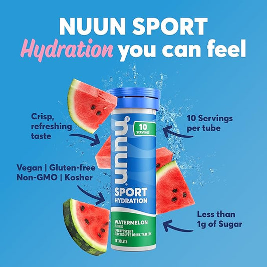 Nuun Sport Electrolyte Tablets - Dissolvable in Water, Watermelon, 5 Essential Electrolytes for Hydration, 1g Sugar Drink Mix, Vegan, Non-GMO, 4 Pack (40 Total Servings)