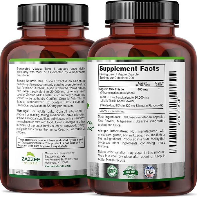 Zazzee Organic Milk Thistle 50:1 Extract, 20,000 mg 200 Vegan 80% Silymarin 6 Month 50X Extract,