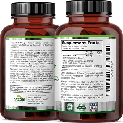 Zazzee Organic Milk Thistle 50:1 Extract, 20,000 mg 200 Vegan 80% Silymarin 6 Month 50X Extract,